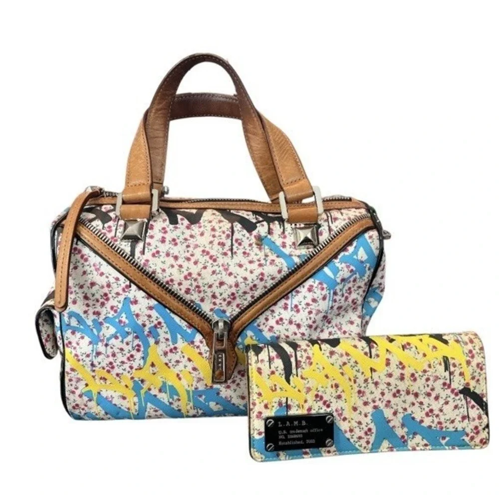 L.A.M.B. Floral Graffiti Satchel Handbag & Matching Wallet Set No Shoulder Strap